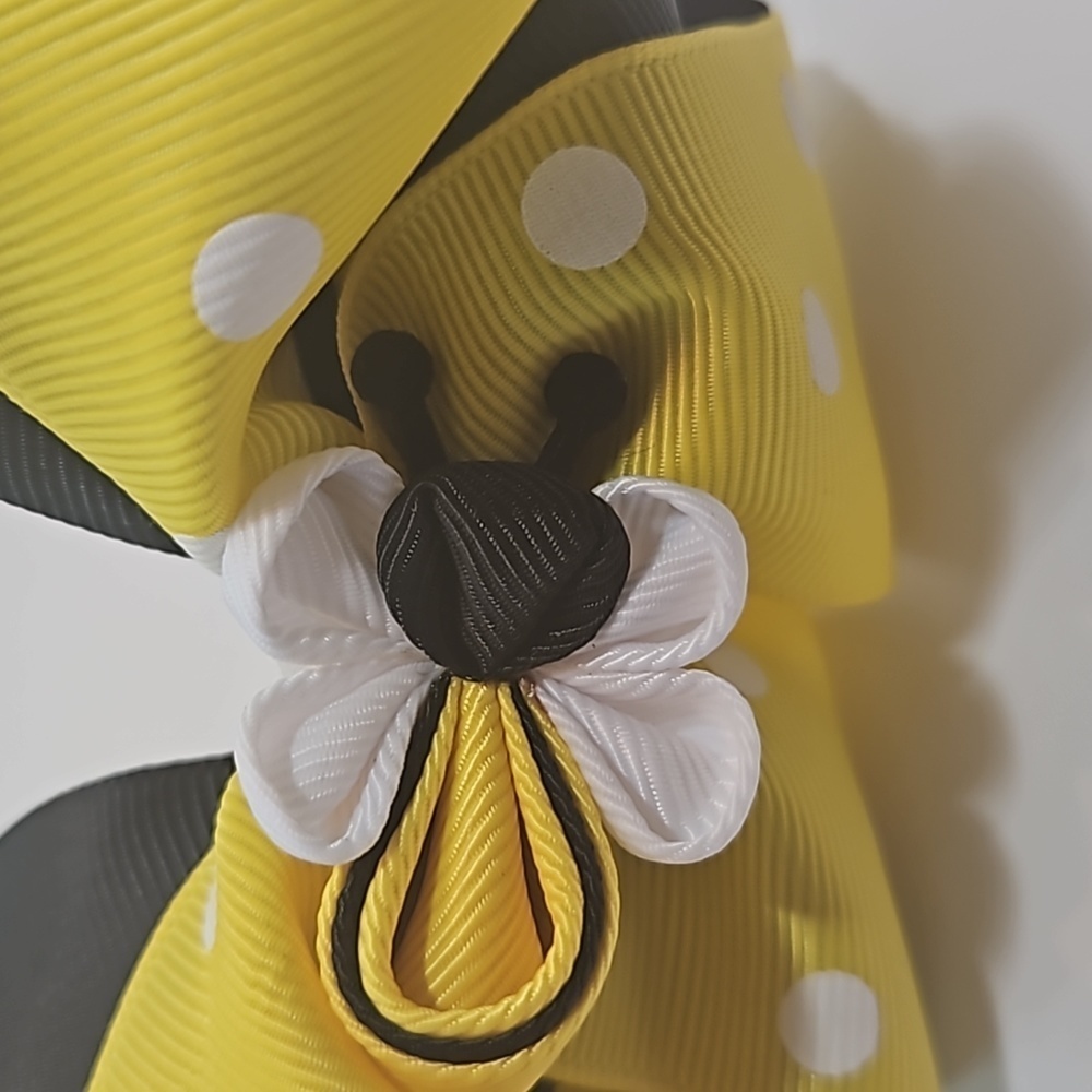 Hand Crafted Handmade Bow Hairband Yellow white polka-dot black contrast ribbon - Picture 7 of 17